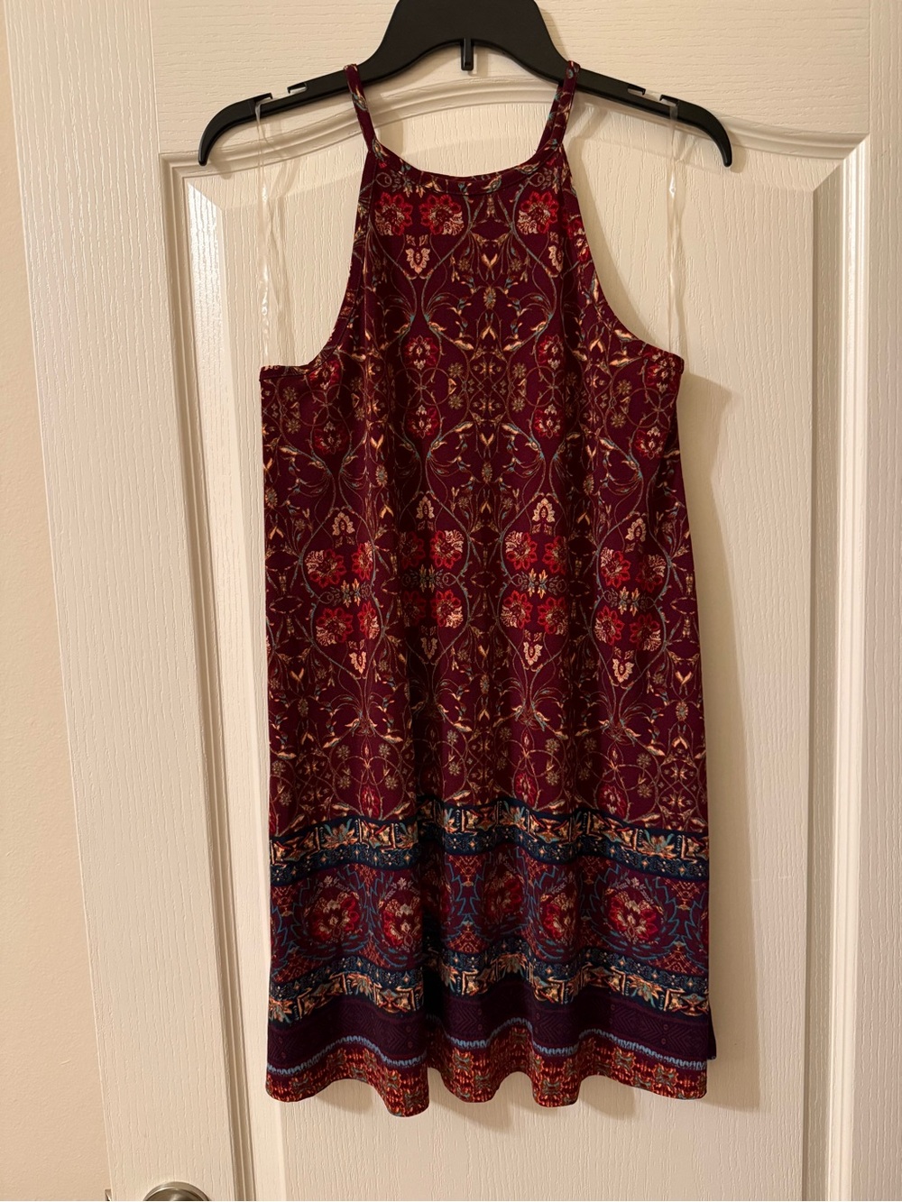 Xhilaration Burgundy Floral Border Mini Dress High-Neck